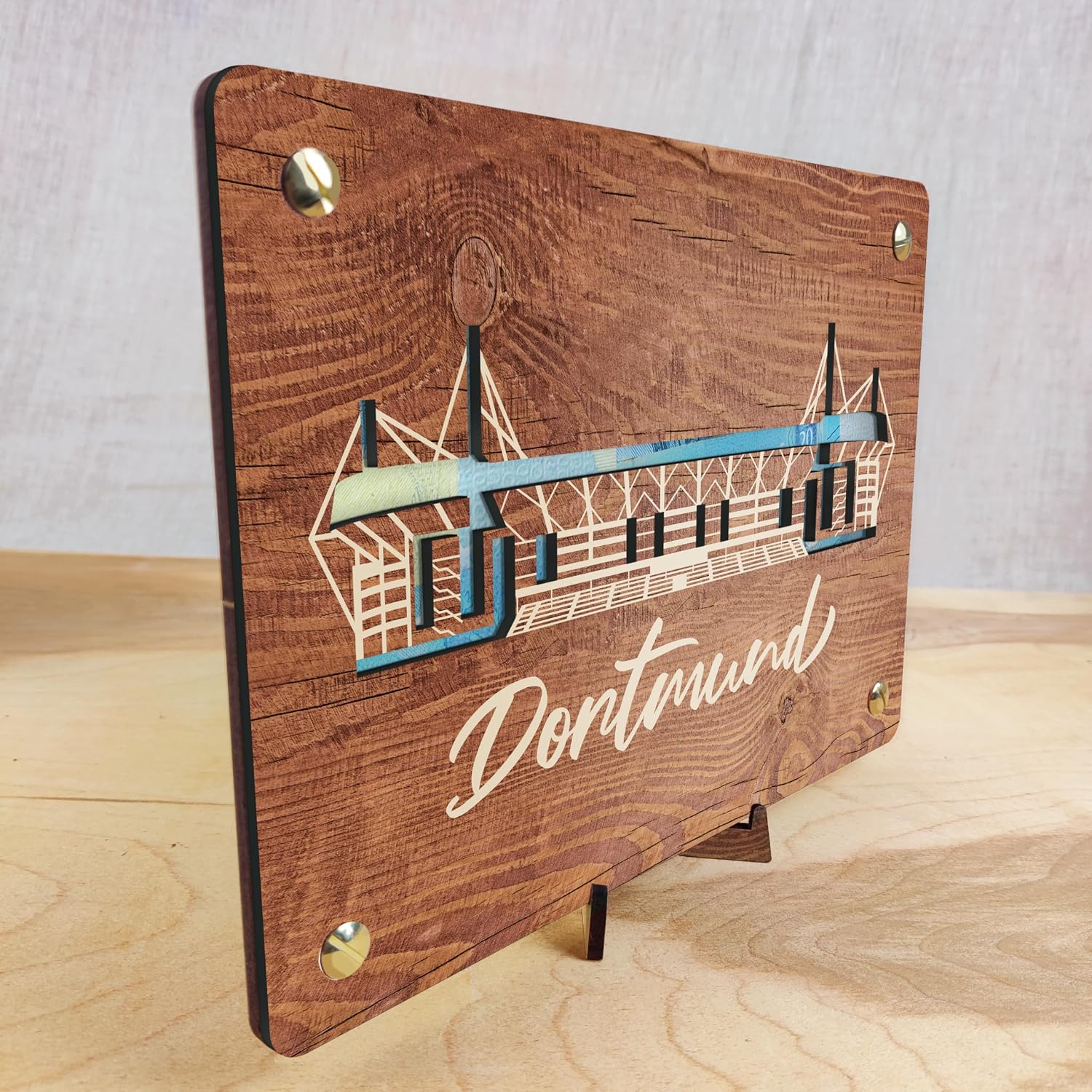 Thumbnail 3 de XL Geldgeschenk aus Holz für Dortmund (20x15 cm) inkl. Ständer – Fanartikel & Geschenk für Stadtverliebte