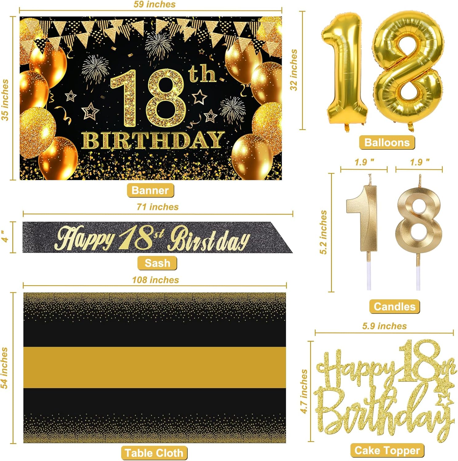 Detalle de 18th Birthday Decorations Set in Black and Gold: Banner, Table Cloth, Balloons, Sash, Cake Topper and Candles