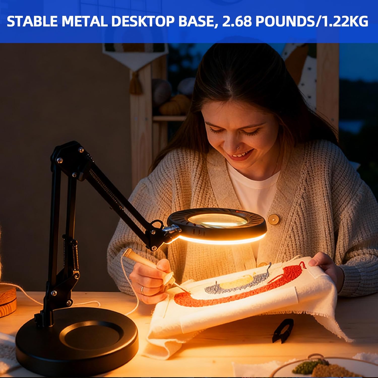 Detalle de Akynite 12X Lampe Loupe avec Lumière et Support – 144 LED, Bras articulé, 9 luminosités, 2A adaptateur inclus