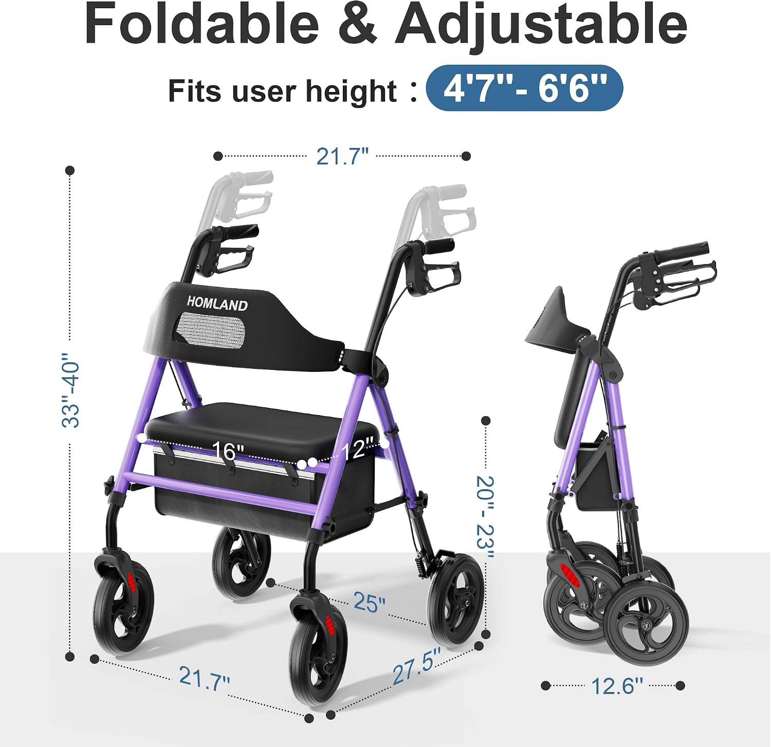 Thumbnail 5 de HOMLAND Rollator faltbar mit Sitz (R2) – schmal für Wohnung, bis 159 kg belastbar, lila
