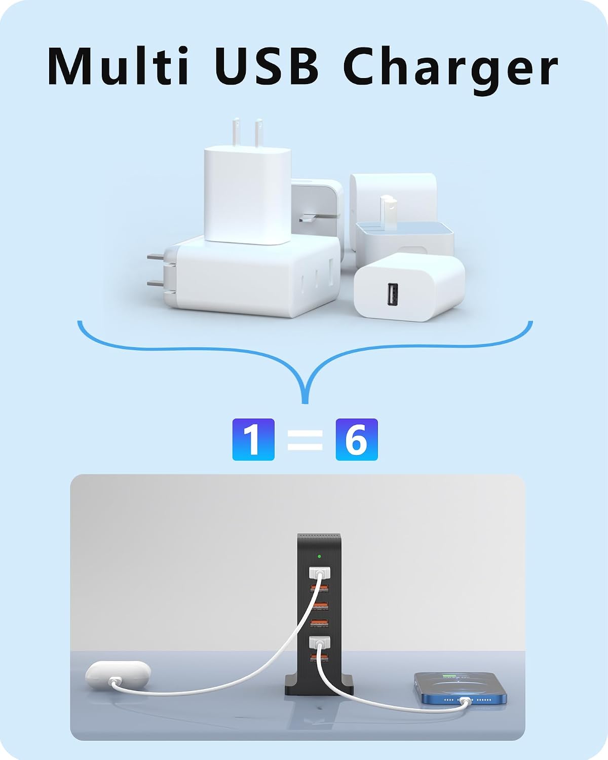 Detalle de ADRICY CT-1250 6-Port USB Charging Tower, Black Plastic