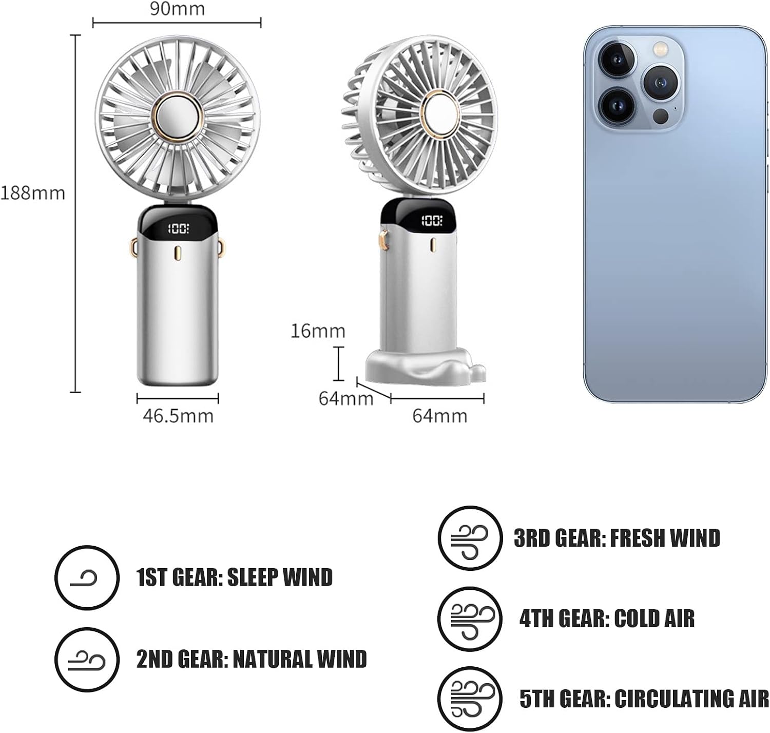 Detalle de Jsdoin hand held fan (white) – USB rechargeable portable mini fan with 5 speeds and LED display