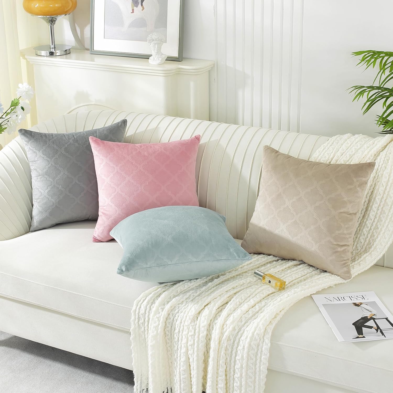Thumbnail 5 de Ystyle : lot de 2 housses de coussin velours côtelé 60x60 (beige/blanc) – fermeture éclair invisible