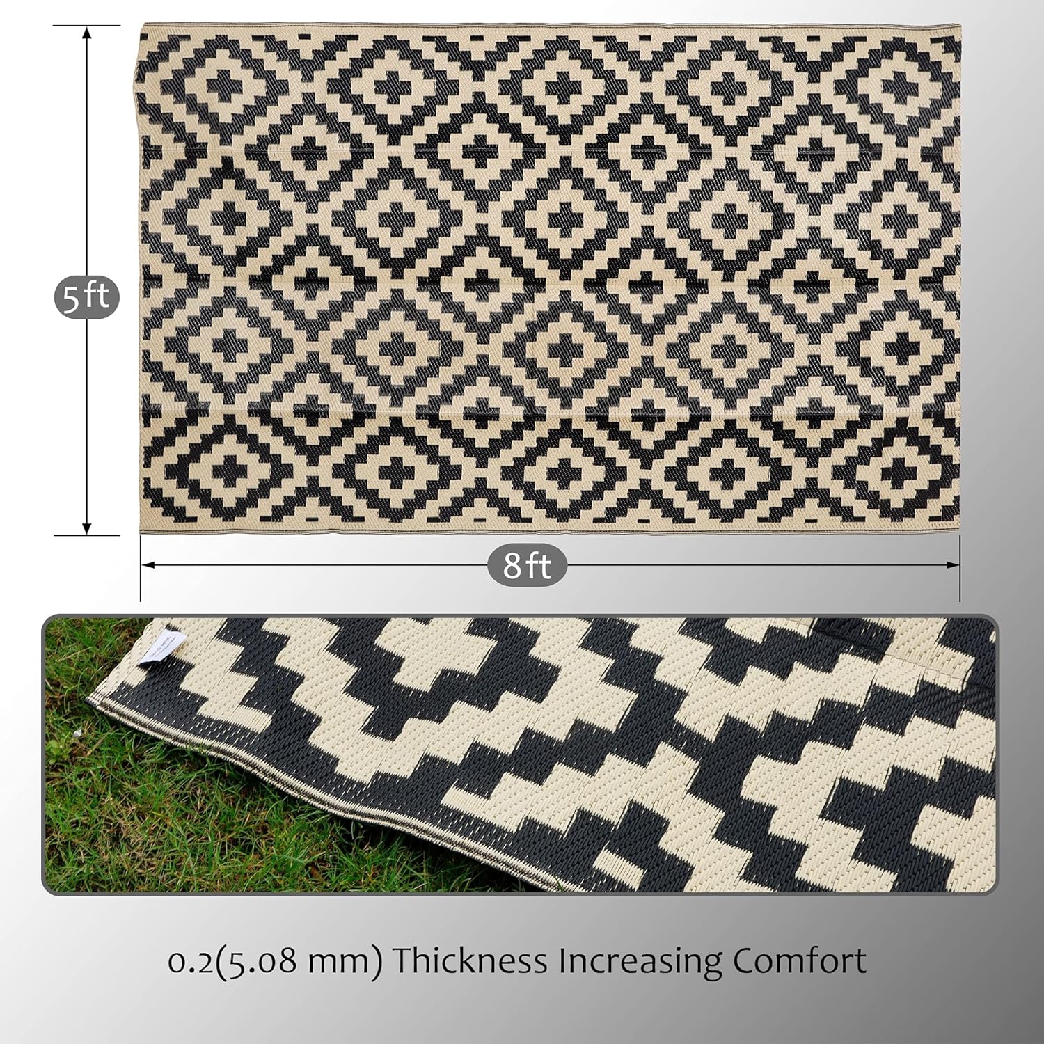 Detalle de SAND MINE Waterproof Outdoor Rug 5x8 ft (Plastic Reversible, Black & Beige)