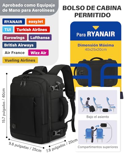 Detalle de VANKEV Mochila Viaje Cabina 40x20x25 cm (20L) para Ryanair – Organización, comodidad y seguridad para portátil de 14