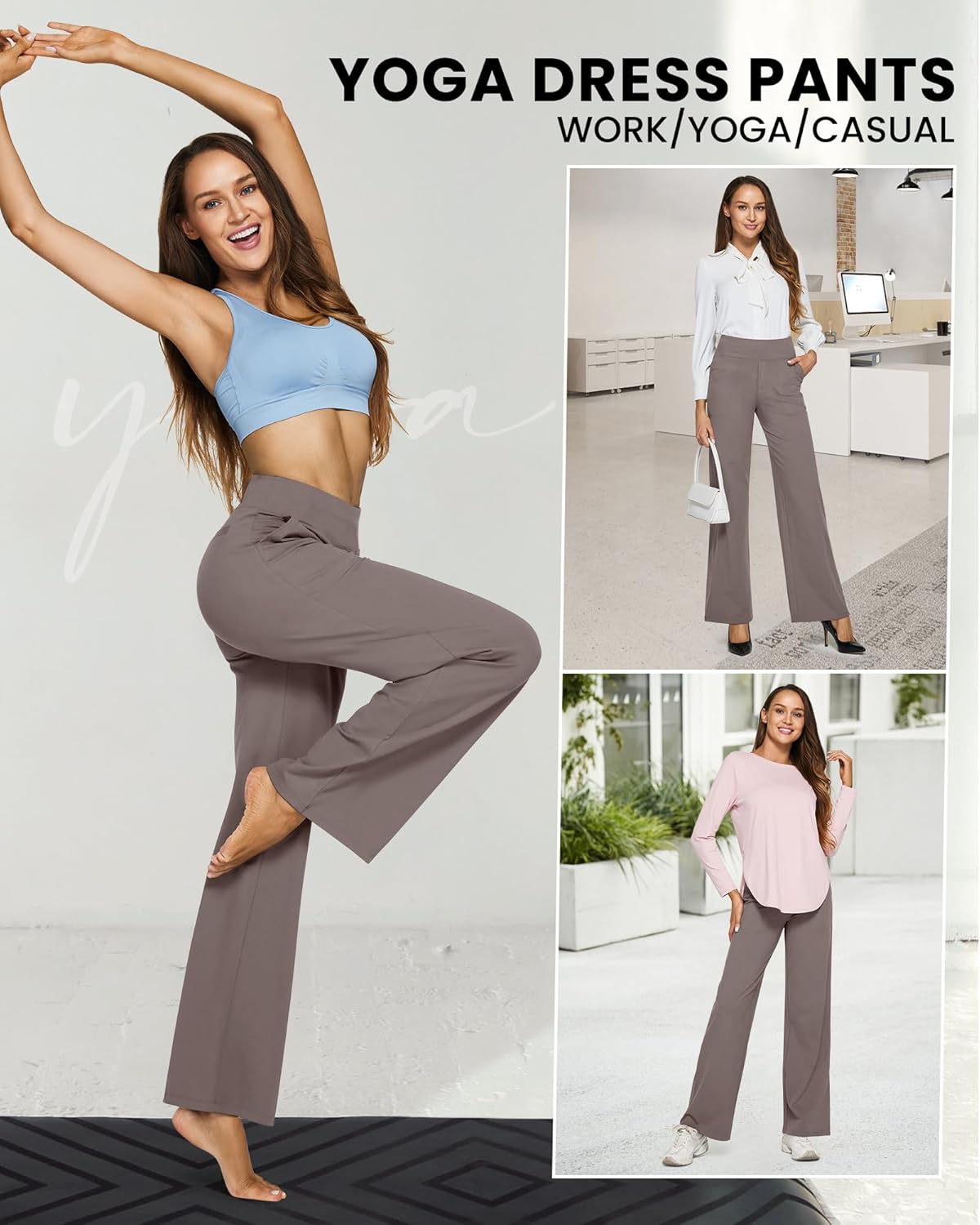 Detalle de G4Free Yoga Damenhose Hohe Taille Kleiderhose mit 4 Taschen – Elegant Stretch, Weites Bein