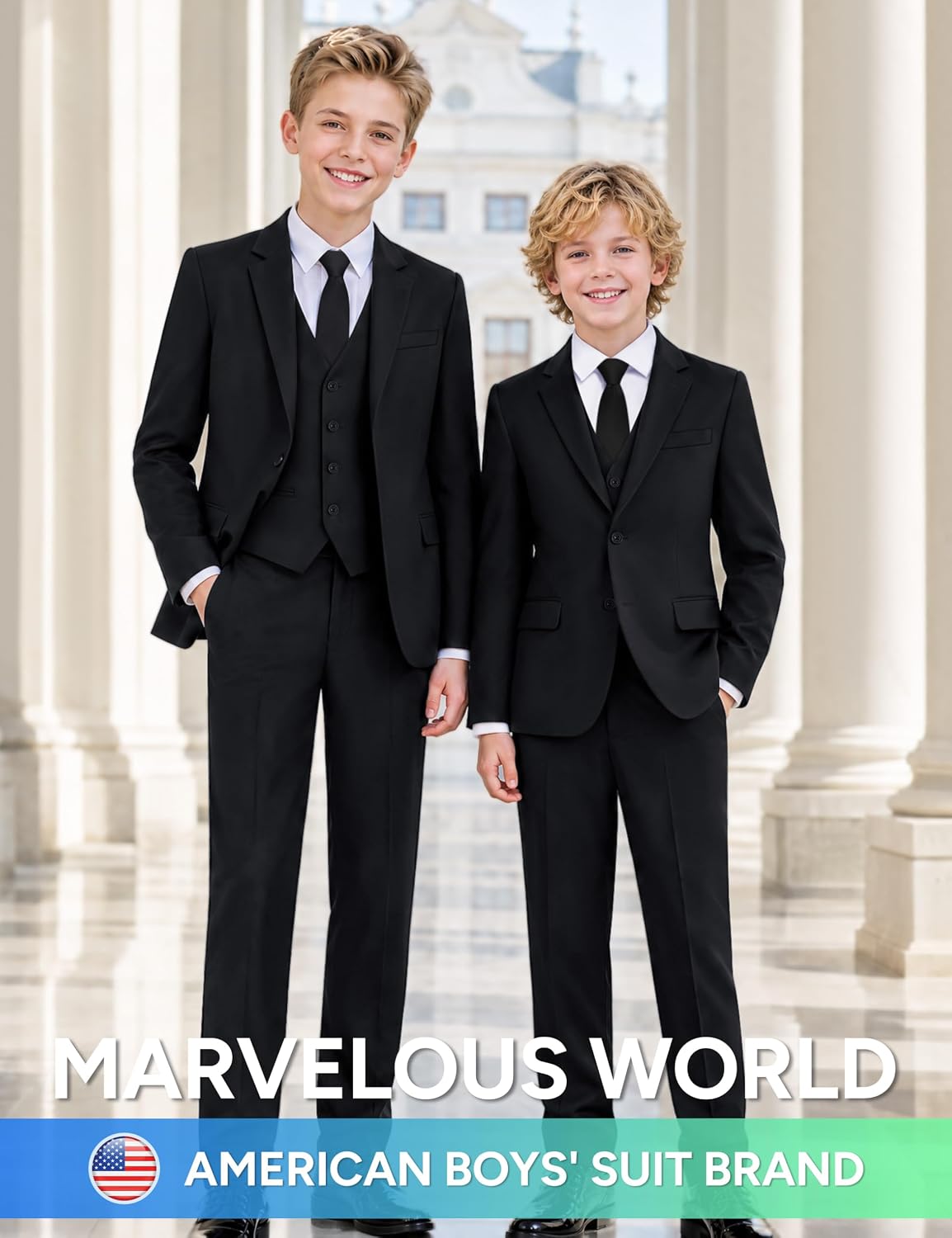 Detalle de Marvelous World Boys' Slim Fit Suit Set with Adjustable Waist and Accessories
