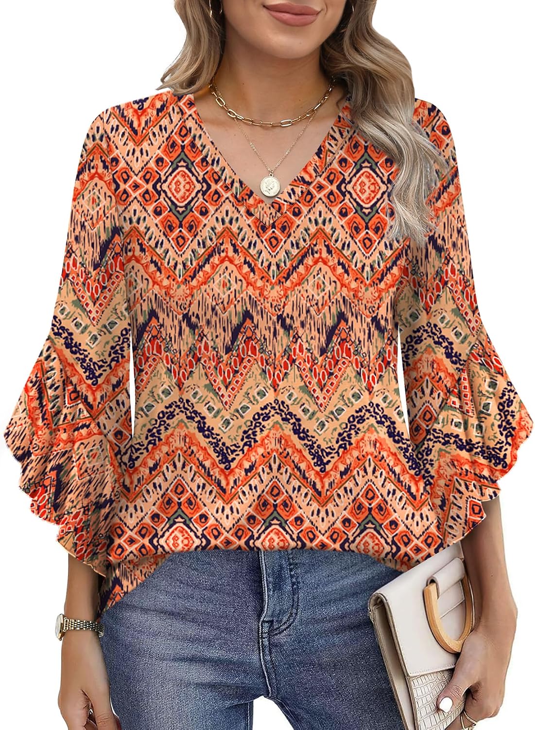 Detalle de Aokosor Womens 3/4 Sleeve Top – V‑Neck Ruffle Tunic with Flared Sleeves