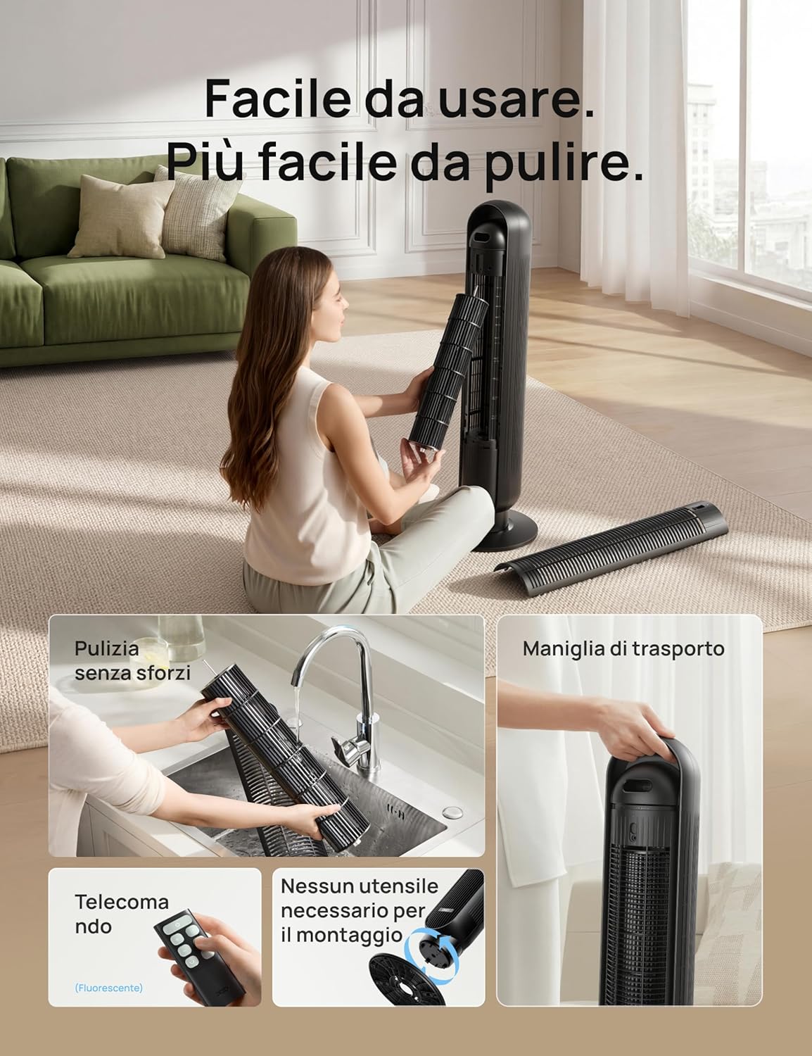 Thumbnail 6 de Dreo 20dB ventilatore a torre silenzioso con telecomando, 4 velocità, oscillazione 90° e timer 1–8 ore