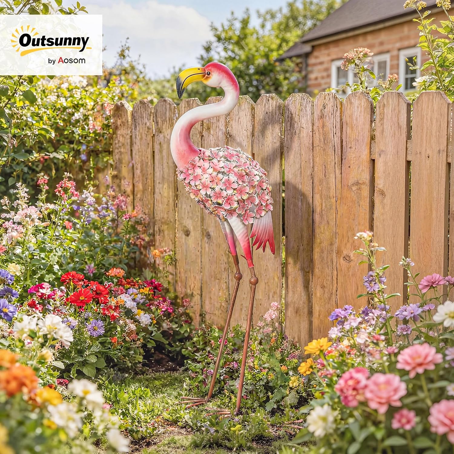 Detalle de Outsunny 84J-156V00MX metalen flamingo-tuinbeeld met bloemenmotief, rood