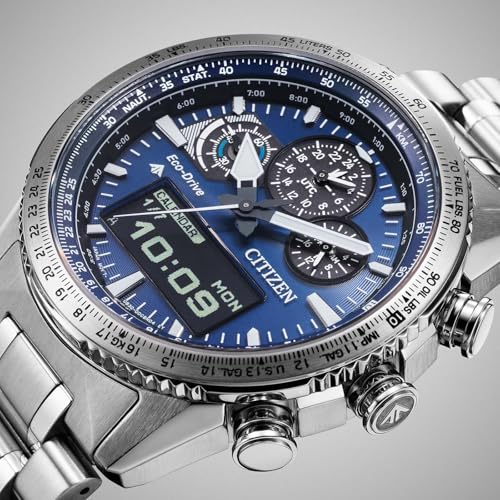 Detalle de Citizen Promaster JV2000-51L Herrenchronograph – Eco-Drive, Saphirglas, blaues Zifferblatt, 43 mm