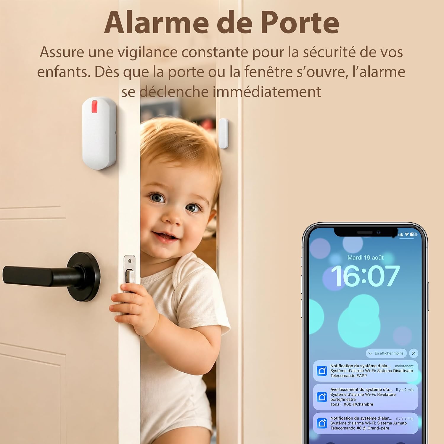 Detalle de YISEELE Alarme Maison sans Fil: Centrale 120 dB + Kit de 4 capteurs + commande – Alexa & Google Home