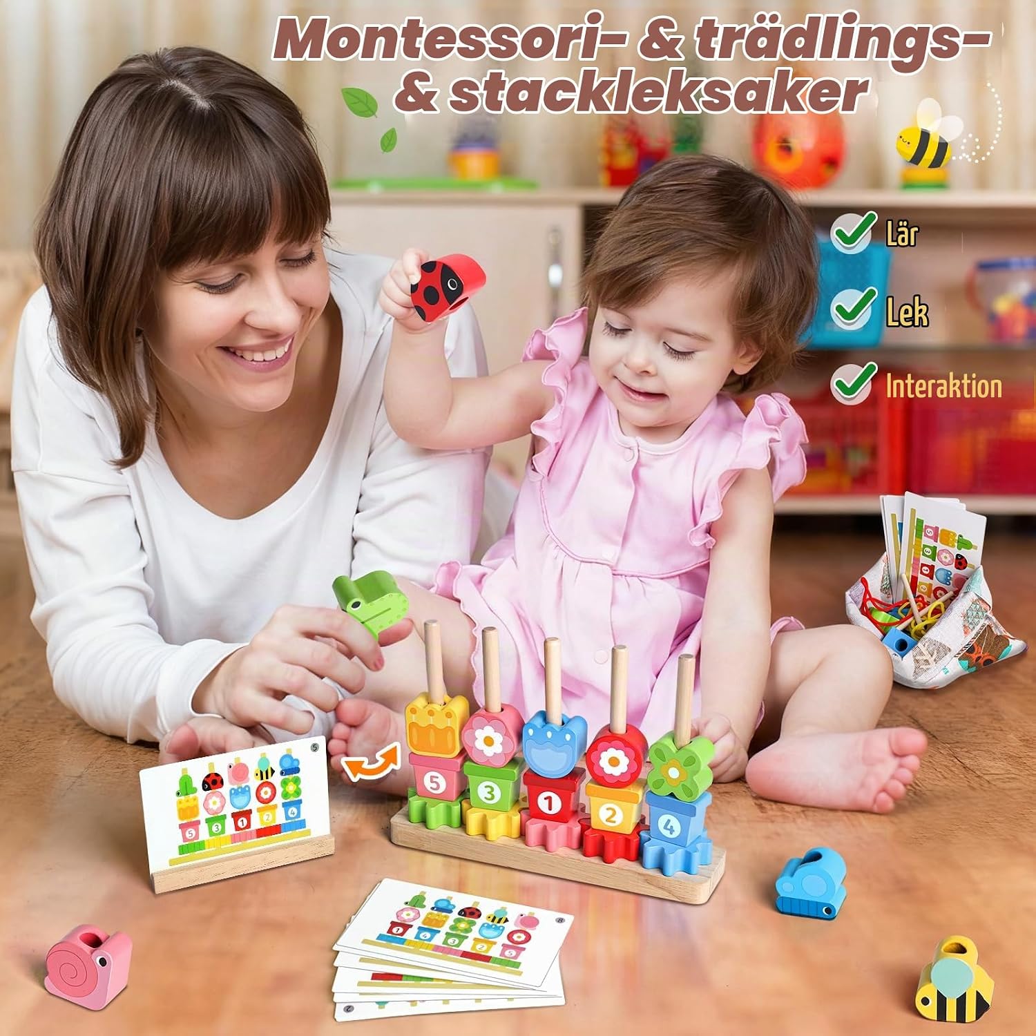 Detalle de Montessori 2-i-1-leksak i trä – sorteringsspel och staplingslek för små barn