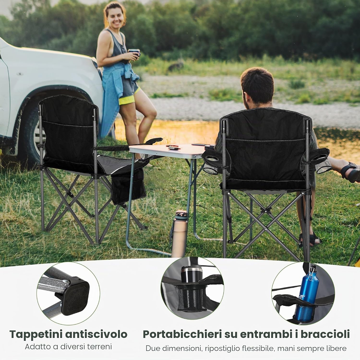 Detalle 2 de HIGH POINT SPORTS Sedia Pieghevole da Campeggio Nero-Grigio 160KG – 2 pezzi, seduta ampia e portabicchieri