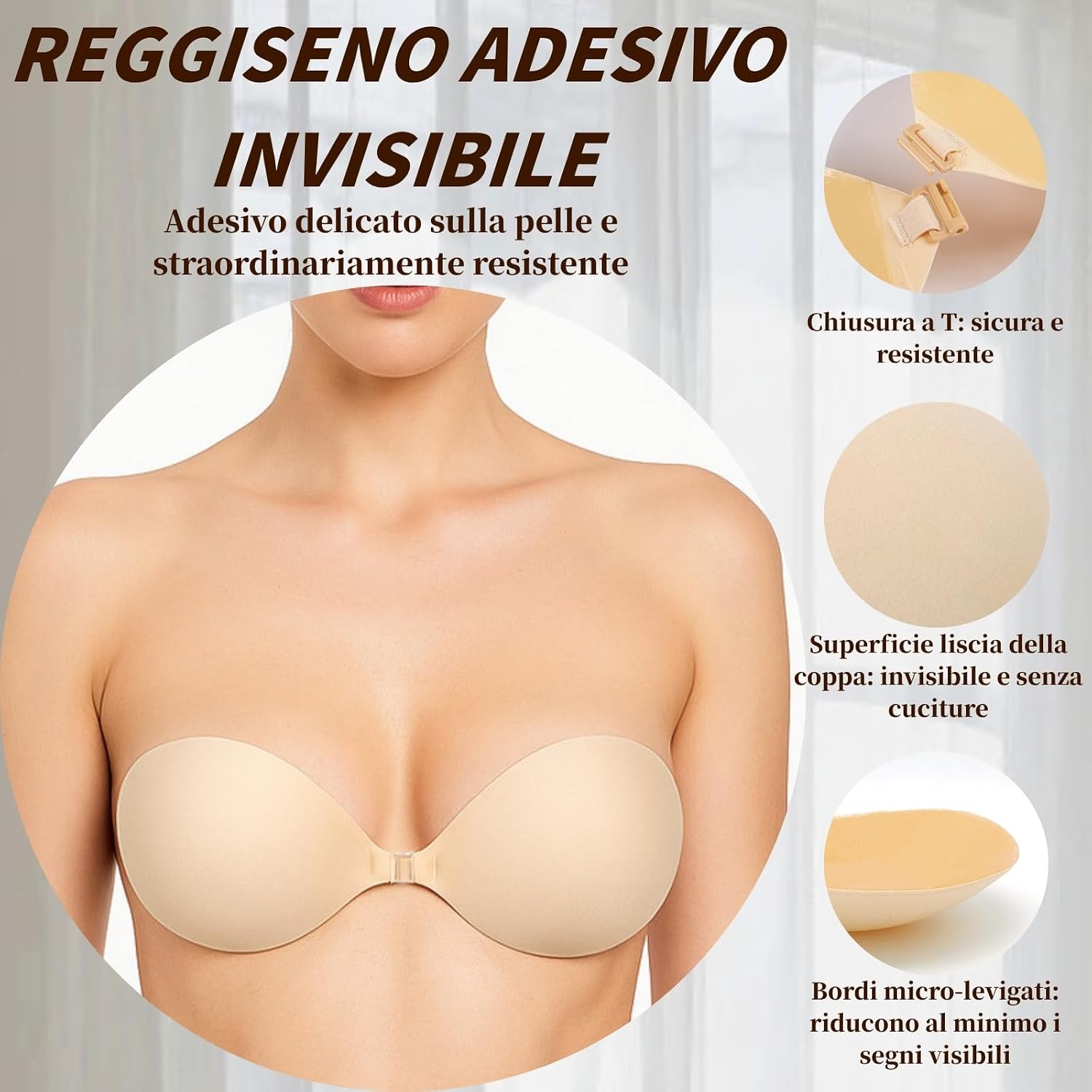 Detalle 2 de Dresmannst Reggiseno Push Up Senza Spalline con Copri Capezzoli Bioadesivi – Set 2 Colori (Nero e Beige) e 4 Copri Capezzoli