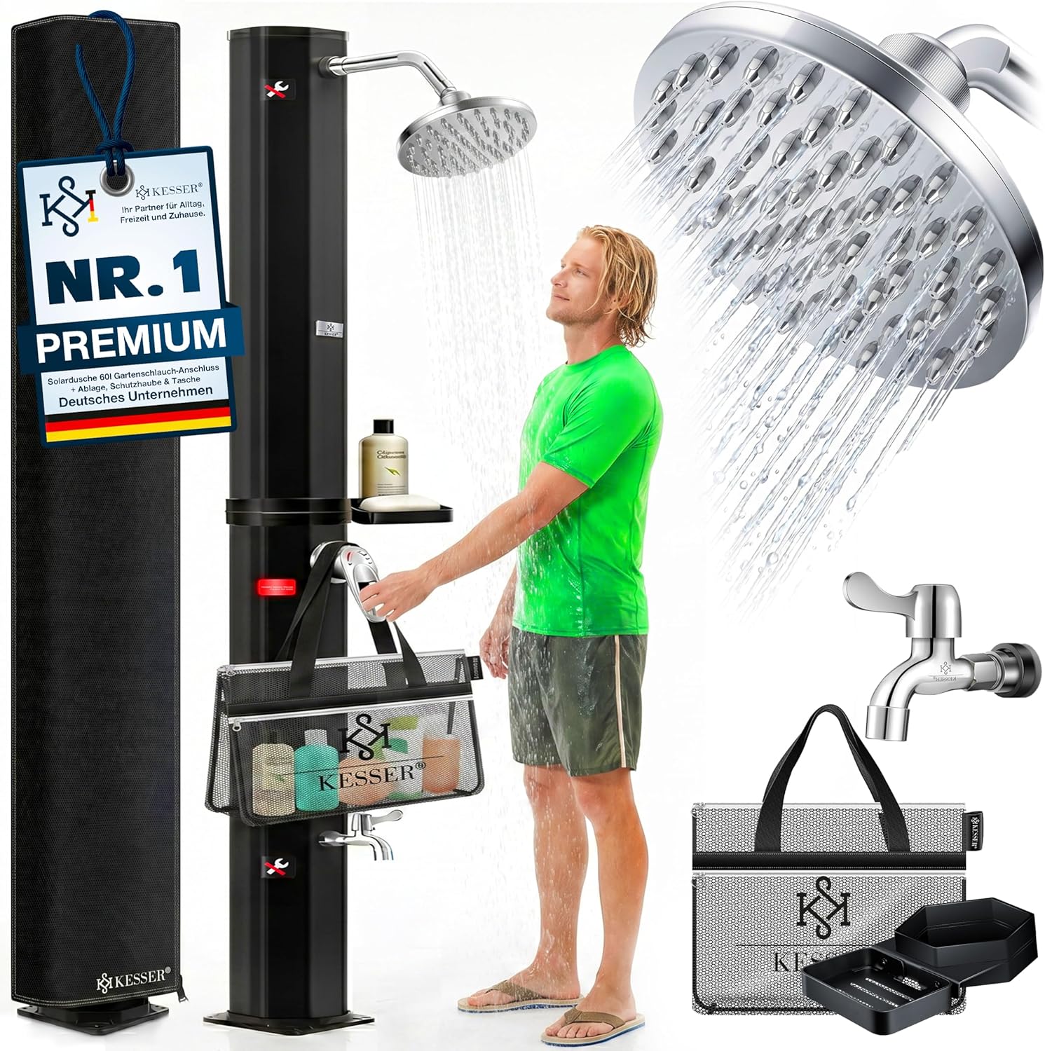 KESSER® Solardusche 60L Gartendusche – Warmes Wasser ohne Strom für Garten und Pool