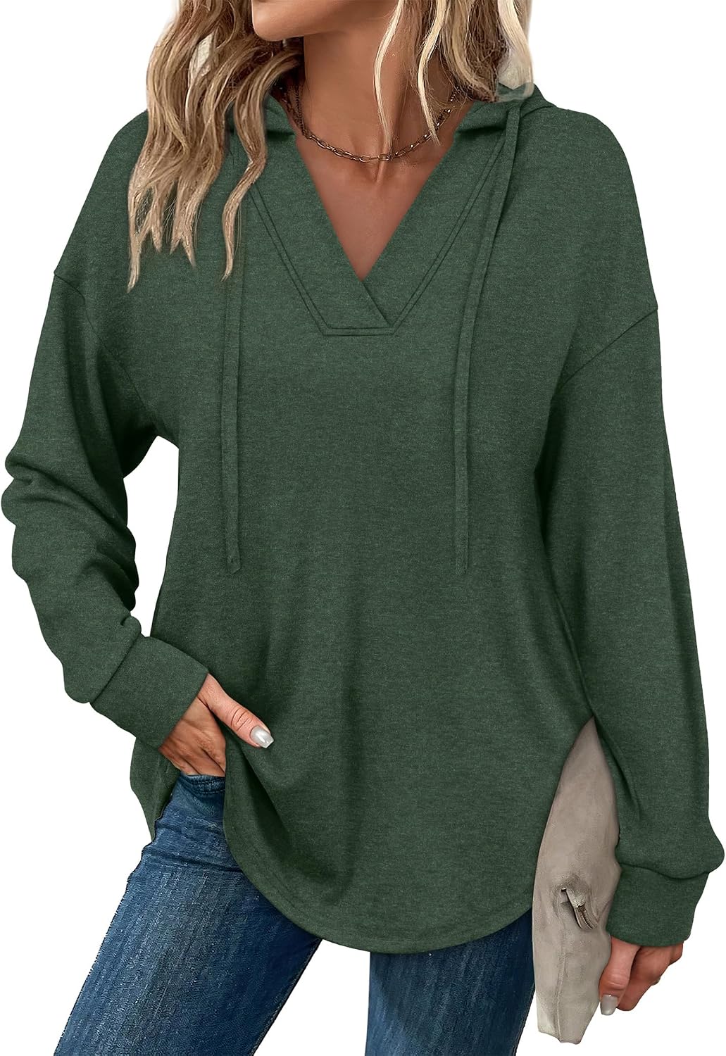 Detalle de Sampeel Women's Oversized V-Neck Hoodie, Lightweight 90% Polyester Blend