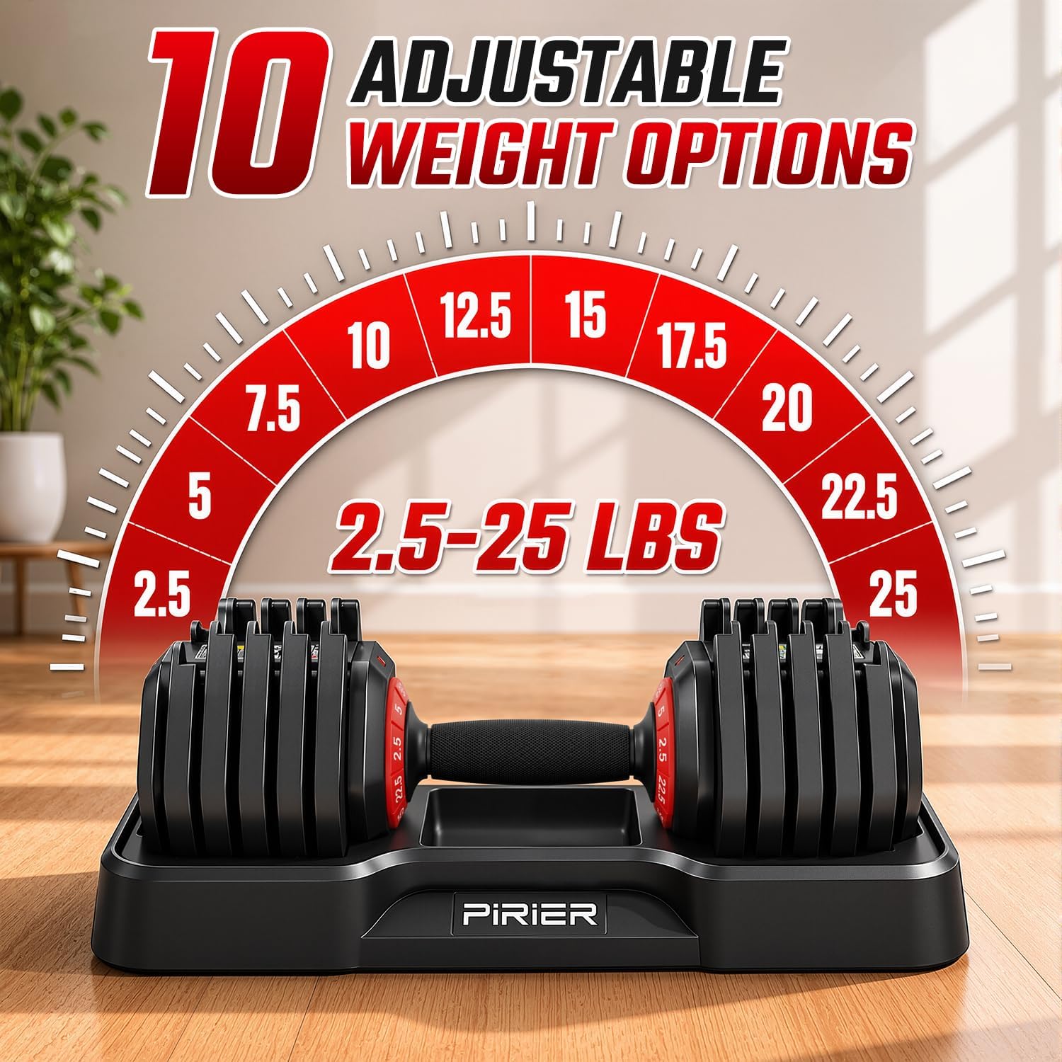 Detalle 2 de PIRIER Adjustable Dumbbell Set, 25 lb, 10-in-1 with One-Hand Twist Adjustment