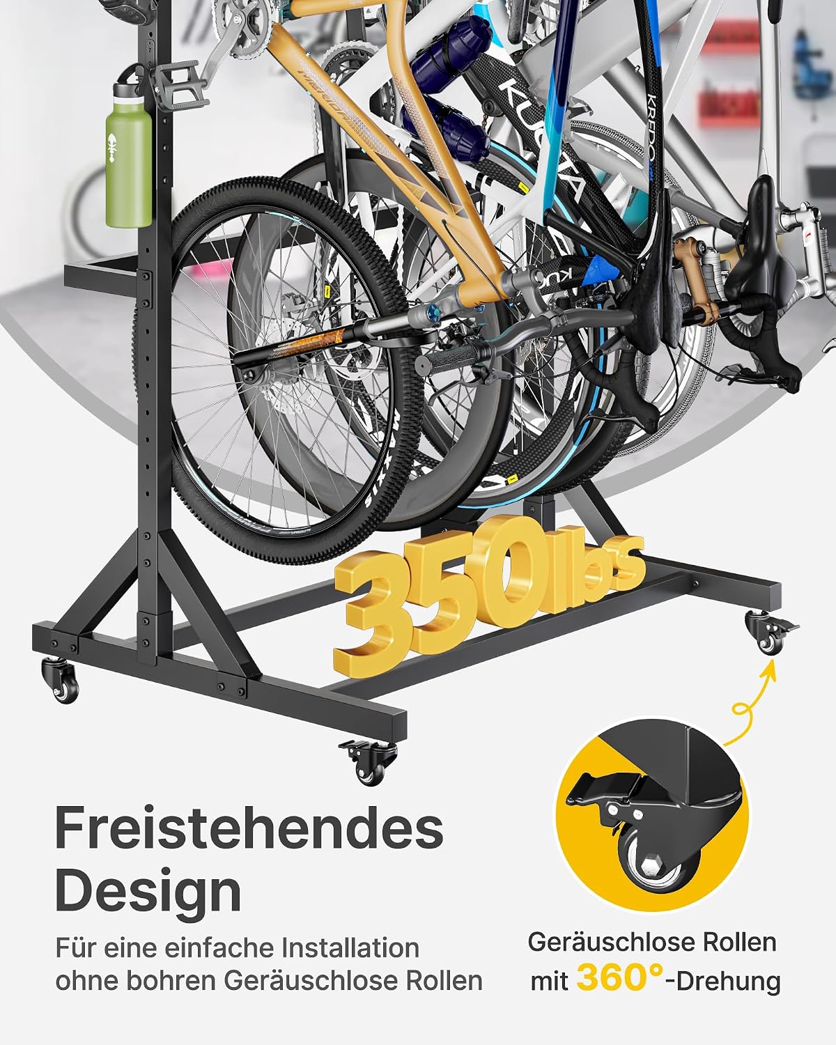 Detalle de monTEK freistehender Fahrradständer für 5 Fahrräder mit 5 verschiebbaren Haken & 6 Helmhaken – Schwerlast (160 kg)