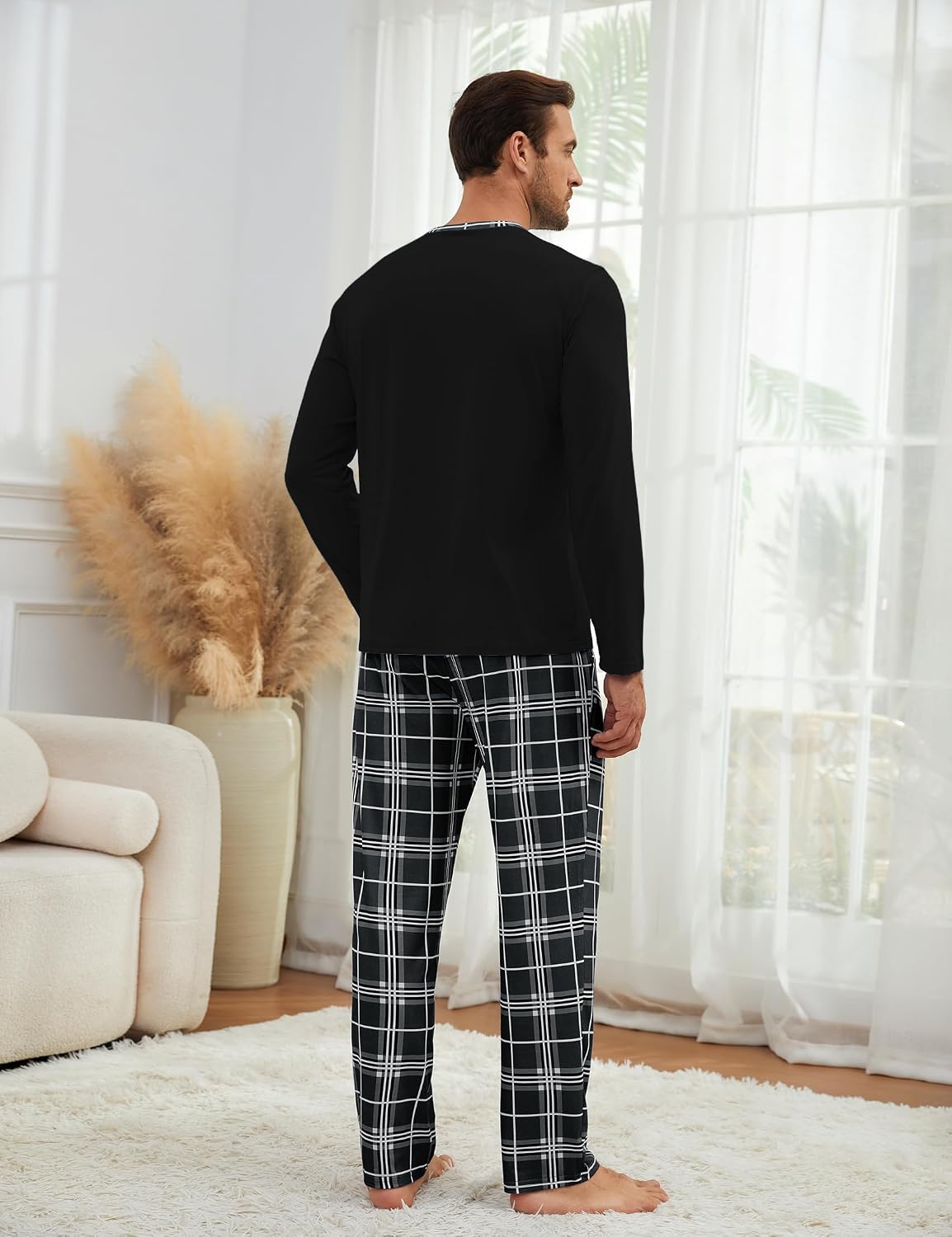 Detalle de Atforna Schlafanzug Herren Lang Karierten Pyjama Set – Zweiteiliges Baumwoll-Set für Herbst und Winter