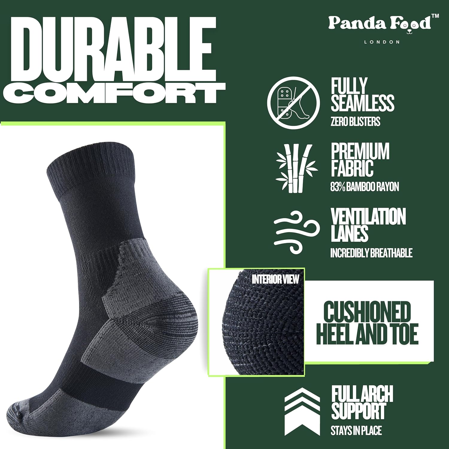 Detalle de Panda Food Premium Bamboo Outdoor Walking Socks (3 Pack UK) – anti-blister, warm and breathable unisex