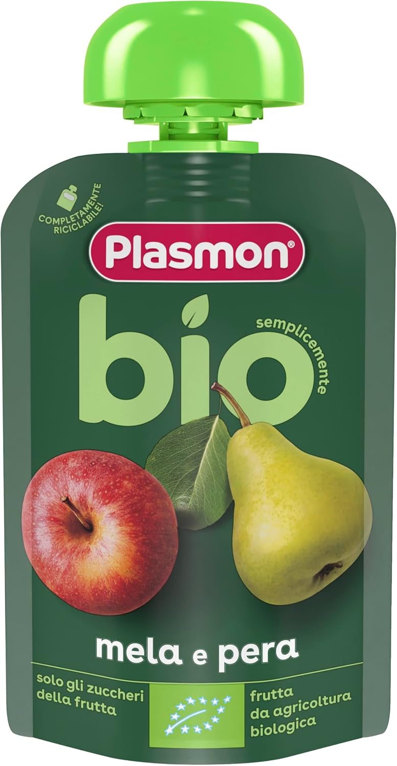 Detalle 2 de Plasmon BIO Pouch Mela Pera 100g (6 Pezzi): snack bio per bambini