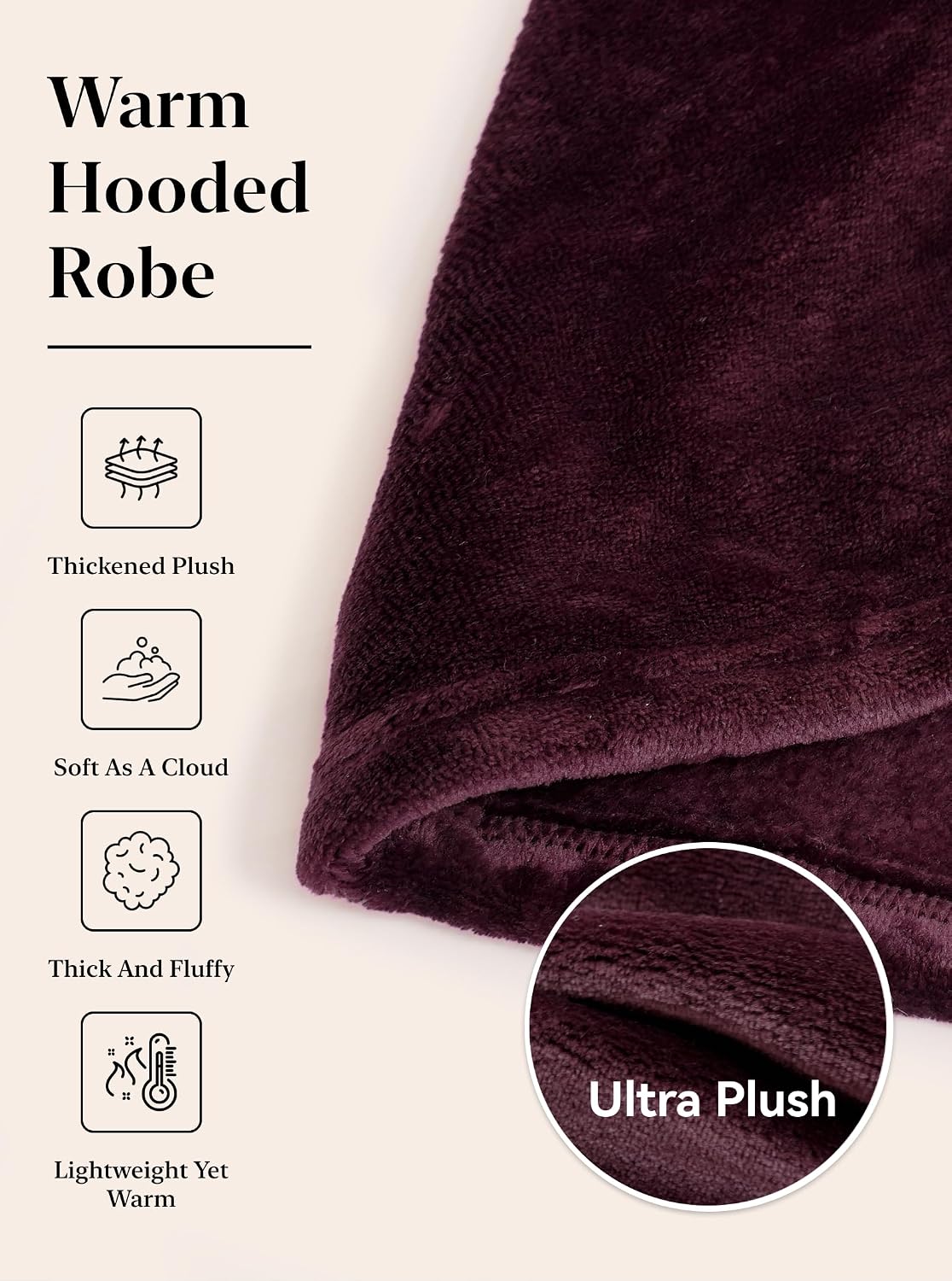 Detalle de Hellomamma HEA81706-W Long Hooded Flannel Fleece Bathrobe with Belt and Pockets