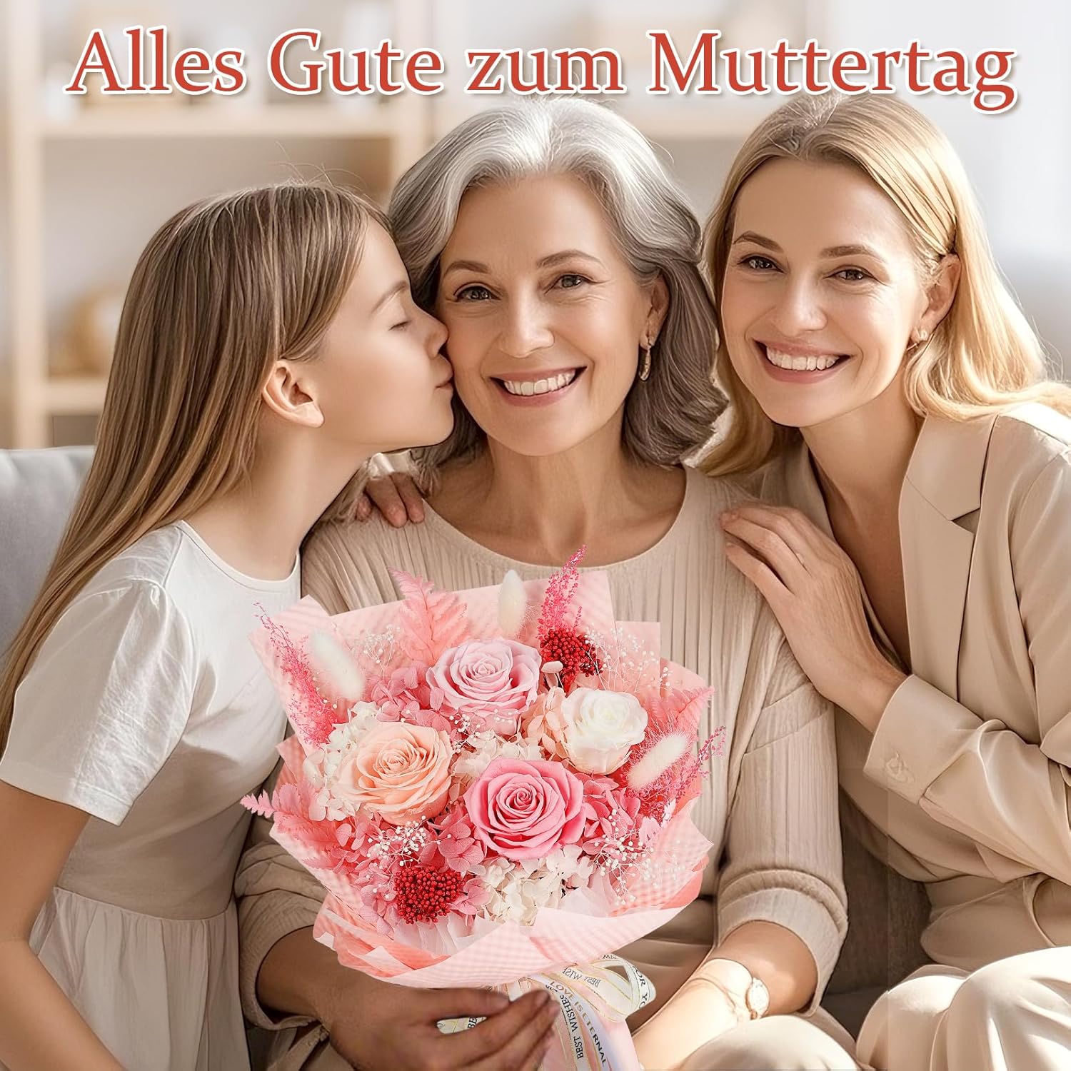 Thumbnail 1 de Ewige Rosen Strauß mit Vase – Rosa, 4 Übergroße Rosen, integrierte Vase
