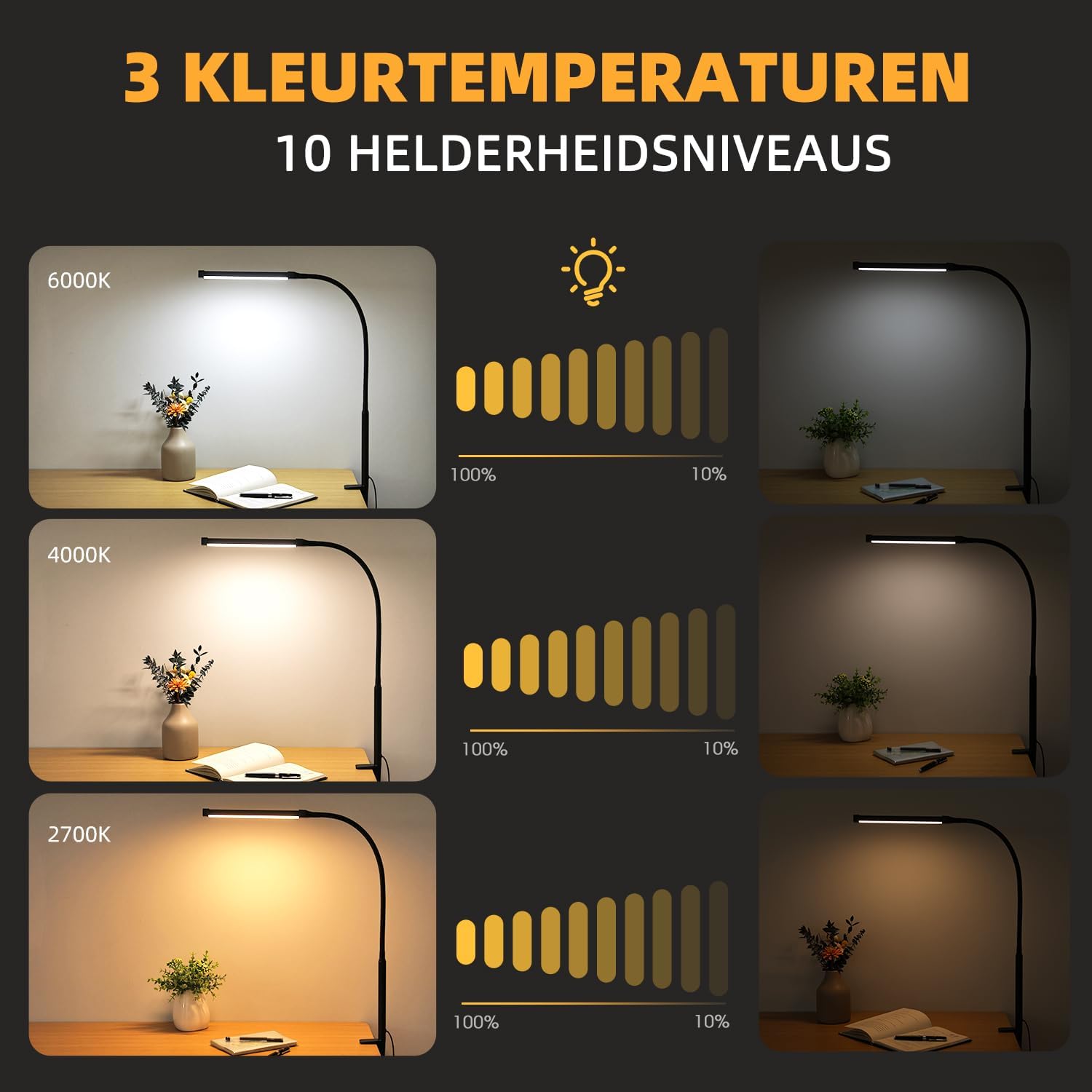 Detalle de LIBORA YTDL-501 bureaulamp met klem, flexibele zwanenhals en dimbare led