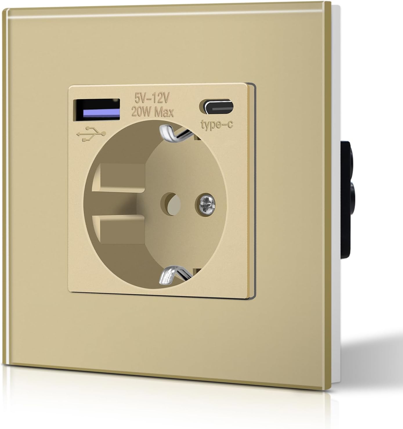 Detalle de BSEED Glas-Steckdose mit 20W USB-C Schnellladegerät (20W), 3-in-1 Unterputz – 86 mm, 1-fach, Gold