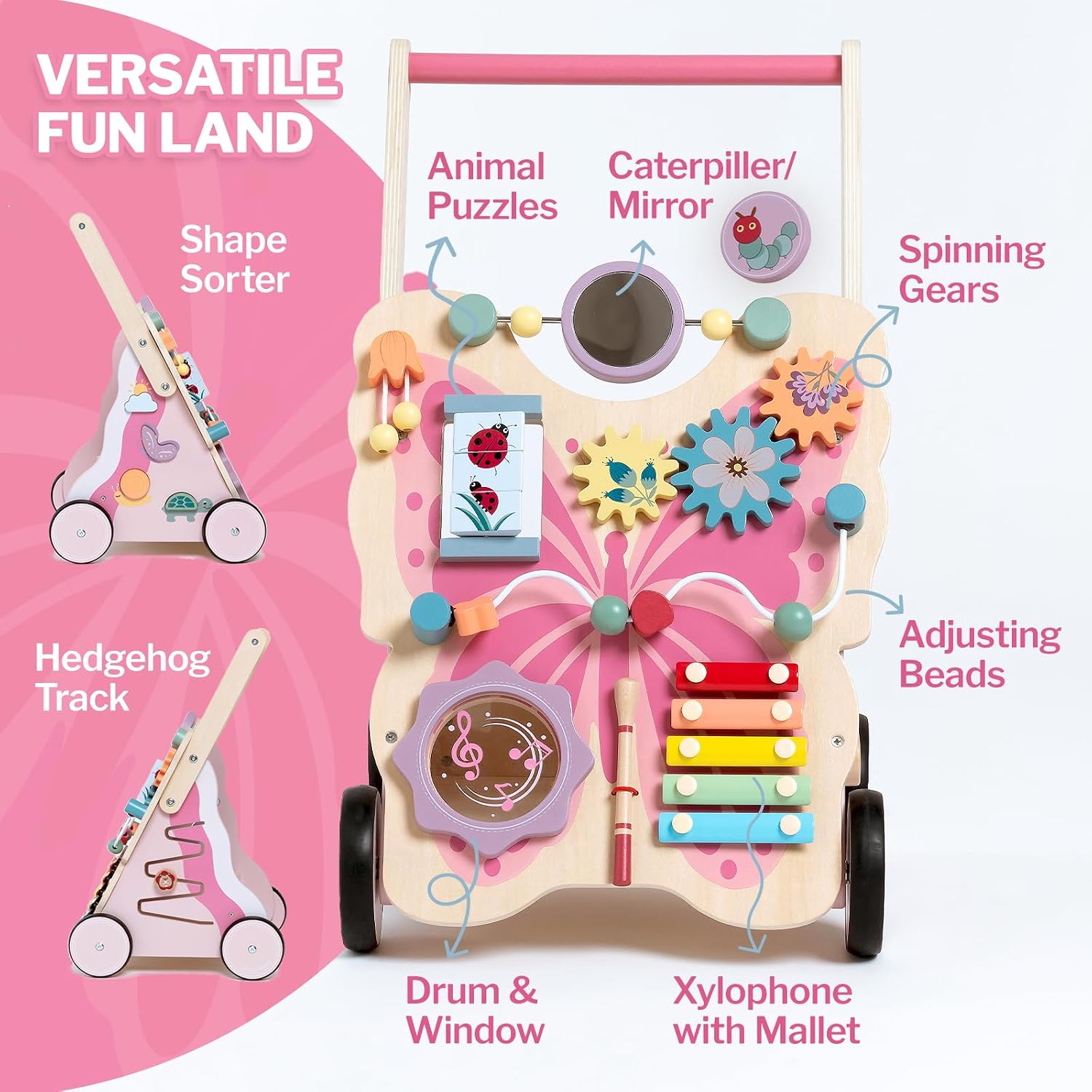 Detalle de Giant bean Lauflernwagen aus Holz im Schmetterlingsdesign (rosa) – Baby Walker ab 1 Jahr für Mädchen und Jungen