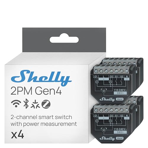 Detalle de Shelly 2PM Gen4 – WLAN 2‑Kanal Relais-Schalter, Zähler & Matter-Kompatibilität (4er‑Set)
