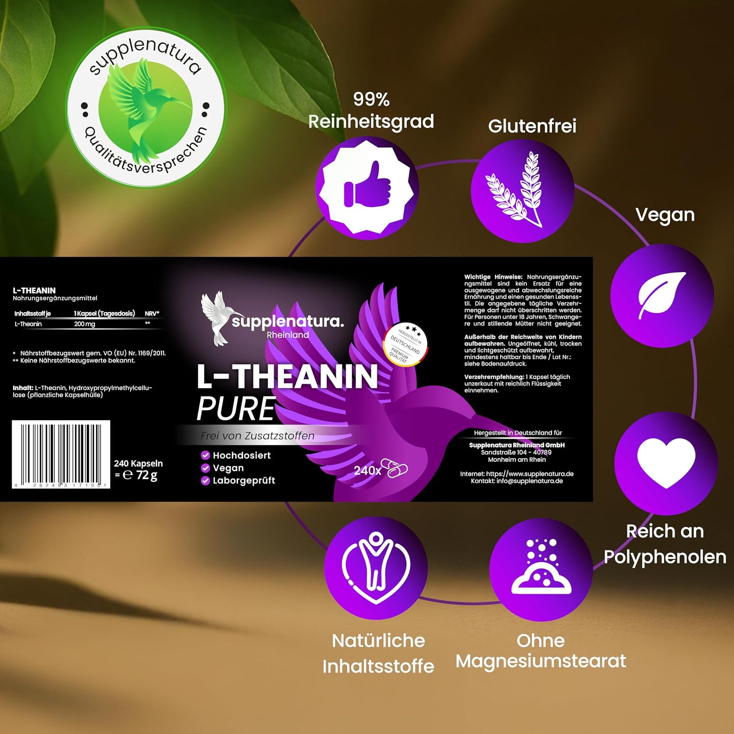 Detalle 2 de SUPPLENATURA L Theanin 200mg 240 Kapseln