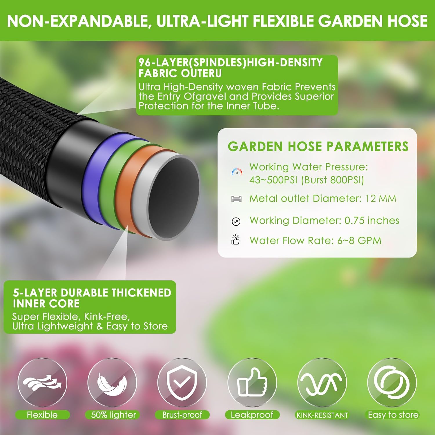Detalle de HORTICORA Garden Hose 100 ft: ultra-light, non-expandable with 360° anti-kink design
