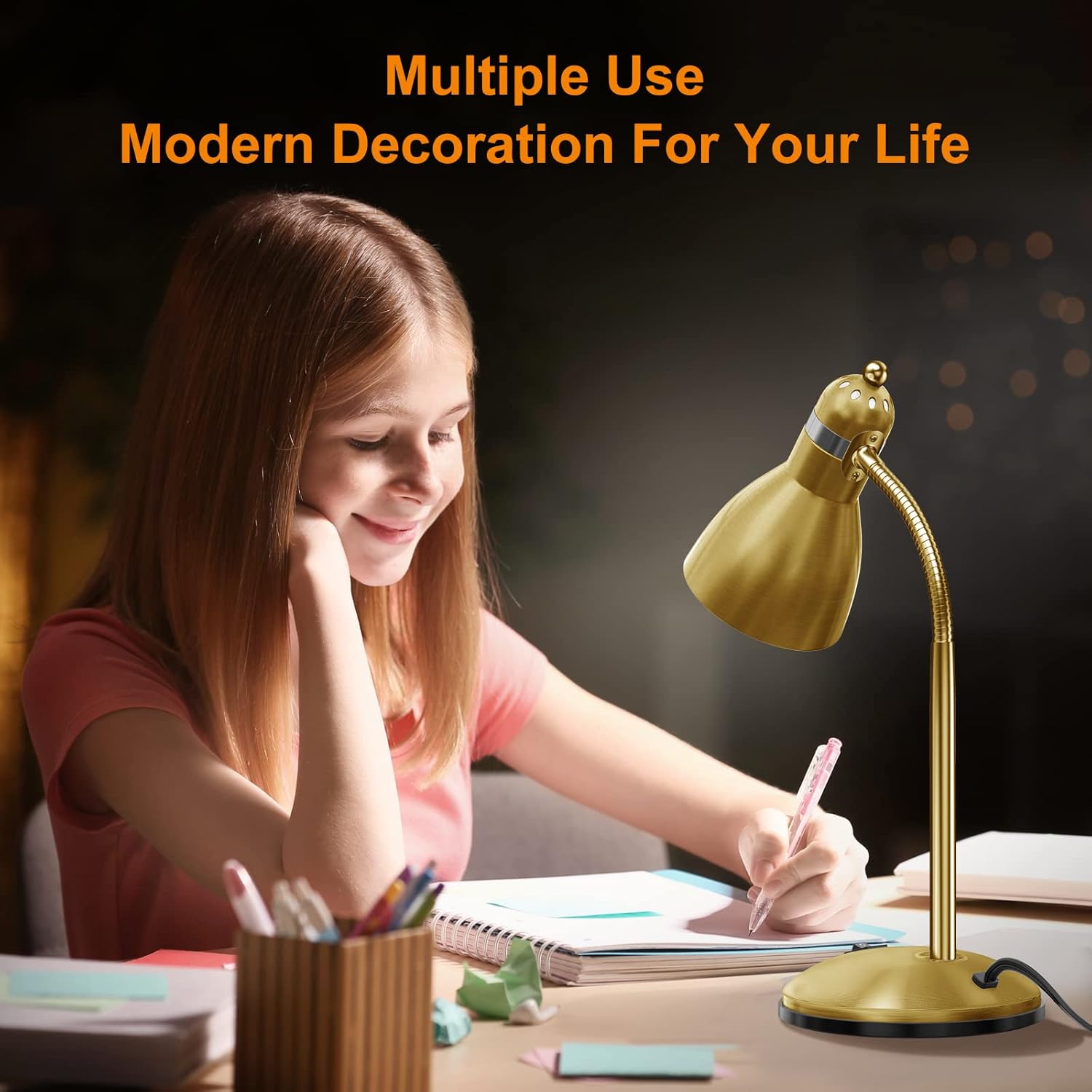 Thumbnail 2 de LEPOWER Metal Desk Lamp with Adjustable Goose Neck (Gold) – E27 table lamp for study, bedroom and office