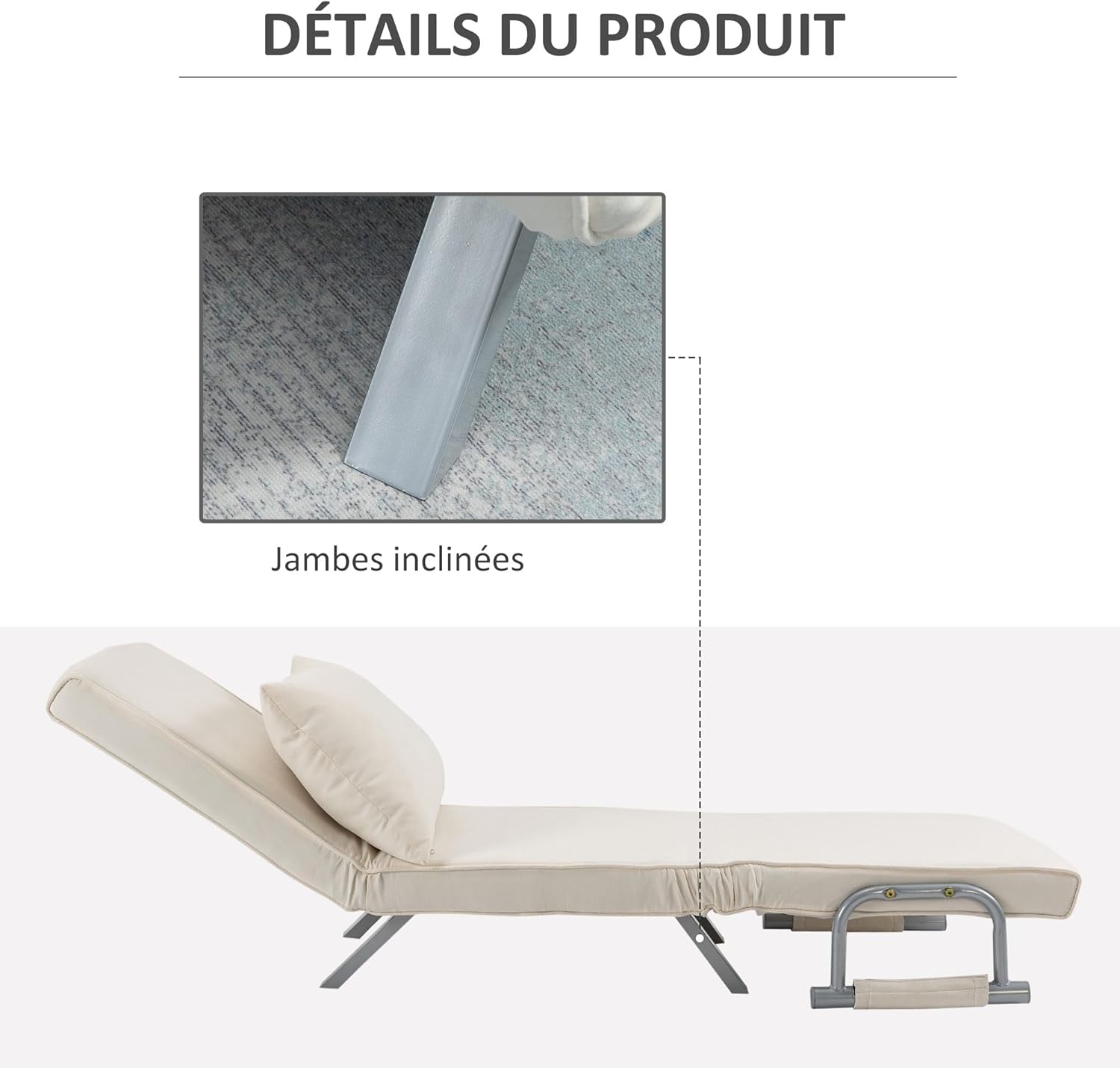 Thumbnail 6 de HOMCOM Fauteuil chauffeuse canapé-lit 1 place – Grand Confort, coussin et accoudoirs métal, revêtement suède blanc
