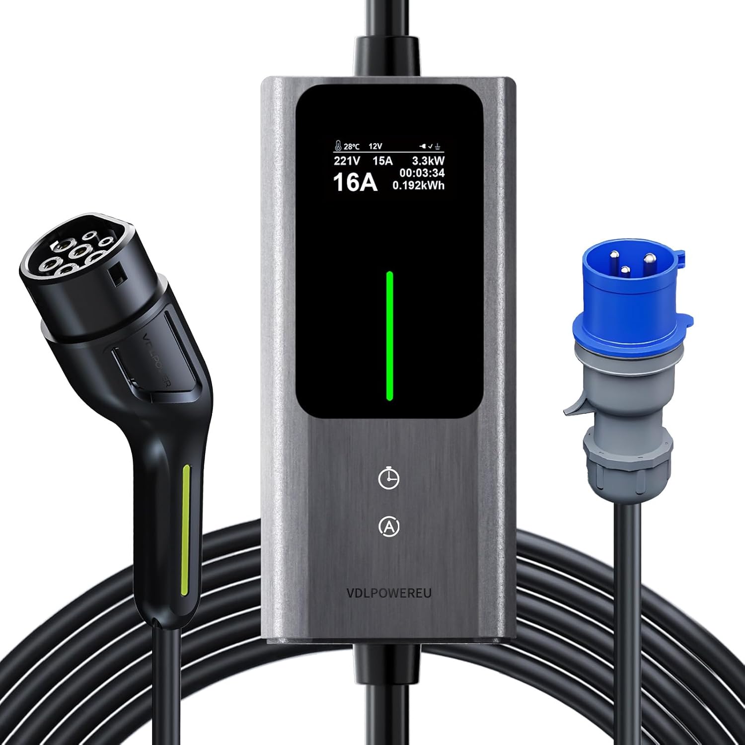 Detalle de Cavo Ricarica Auto Elettrica Tipo 2, 7,36 kW | 5 m – 6-32A | IP65, LCD Digitale