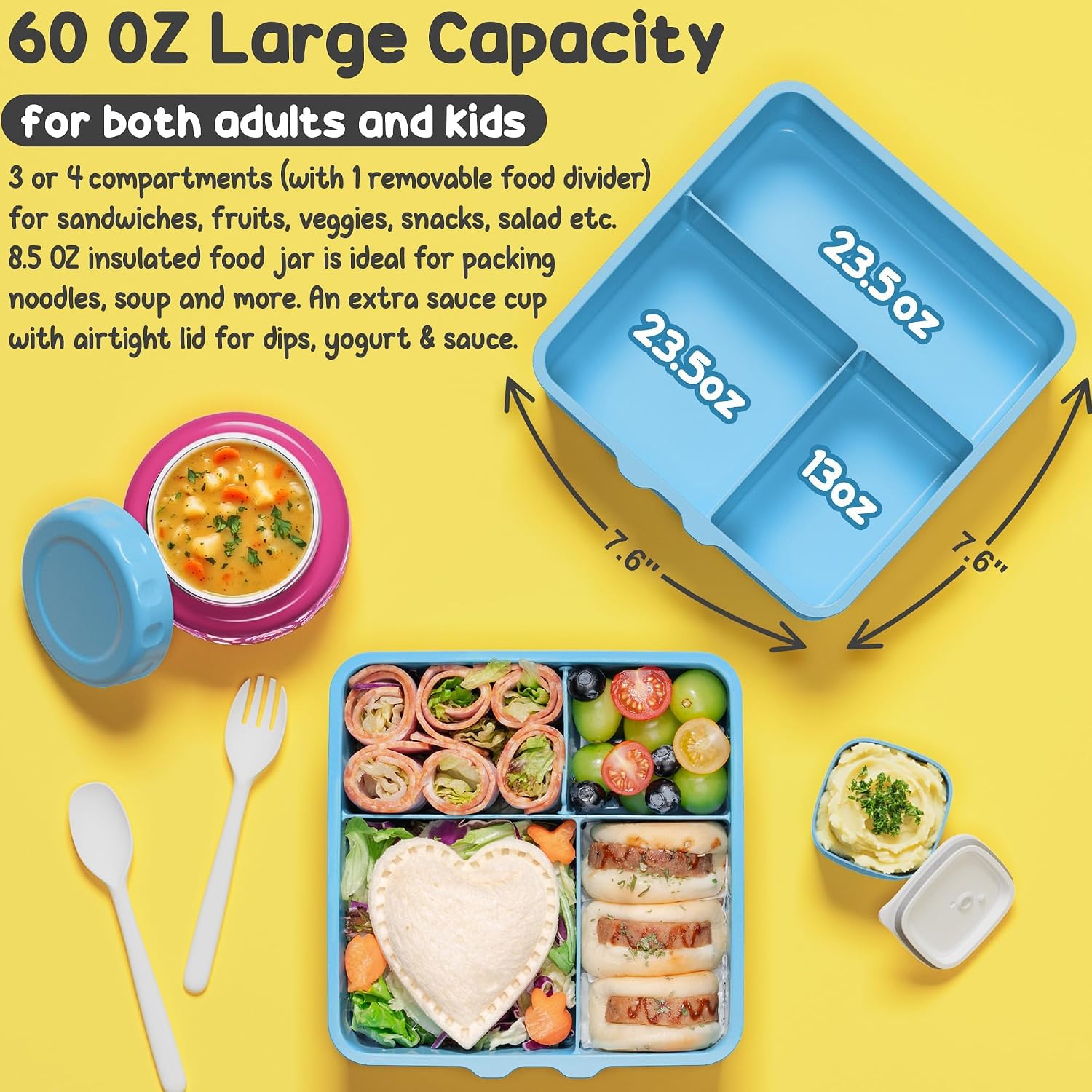 Thumbnail 2 de Fimibuke Bento Lunch Box for Kids & Adults, 60 OZ with Leakproof 8 OZ Insulated Jar