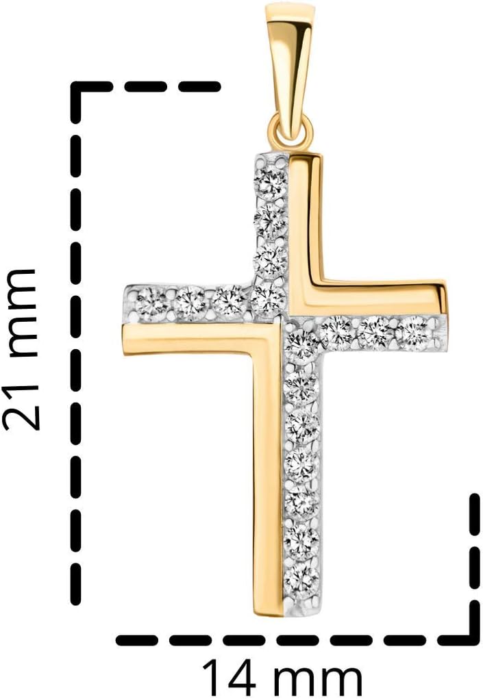Detalle de Prins Jewels Ciondolo Croce in Oro Giallo 14K 585 con Zirconi – Unisex, 21 x 14 mm