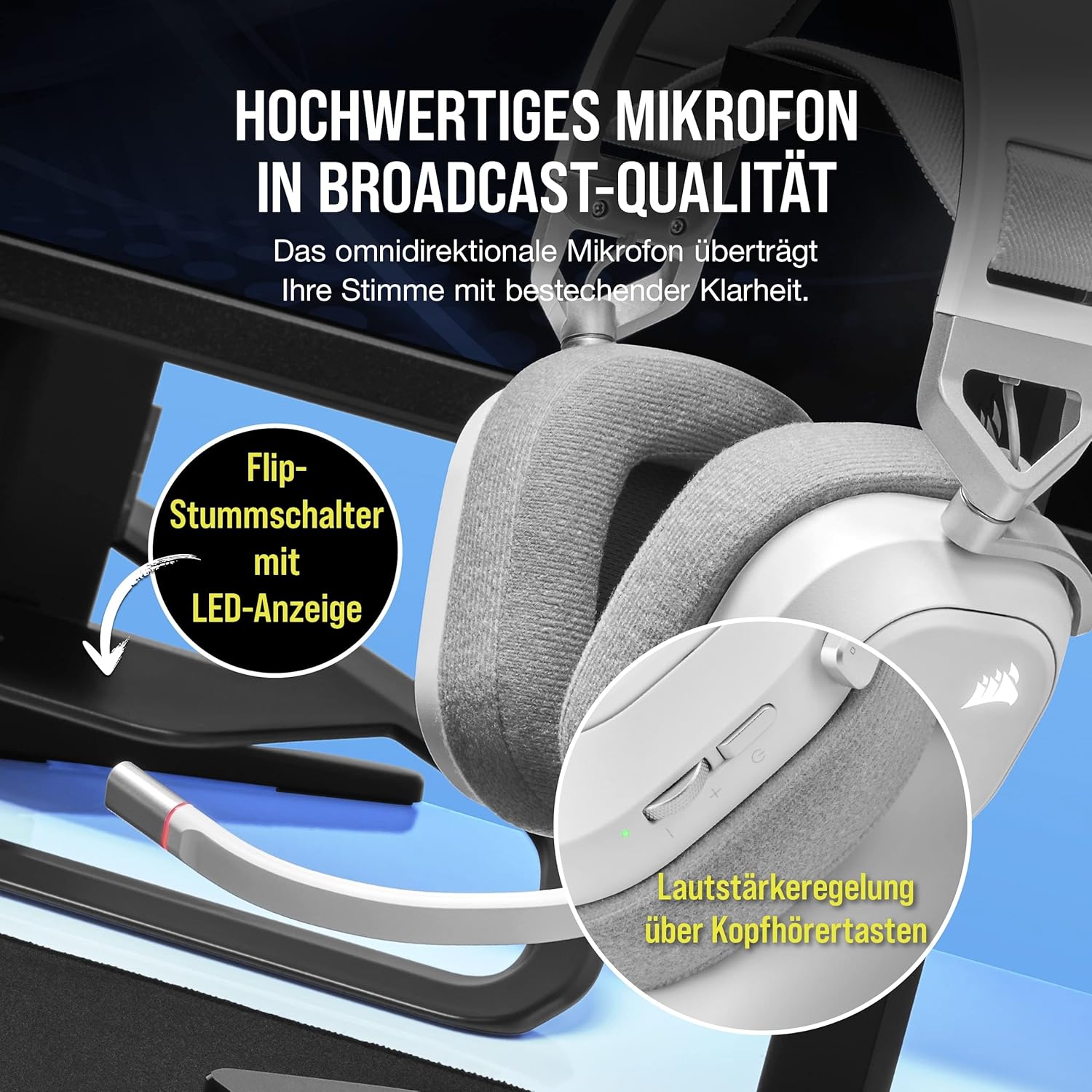 Detalle 2 de Corsair HS80 RGB Wireless Multiplattform Gaming-Headset (Dolby Atmos, iCUE, omnidirektionales Mikrofon) in Weiß