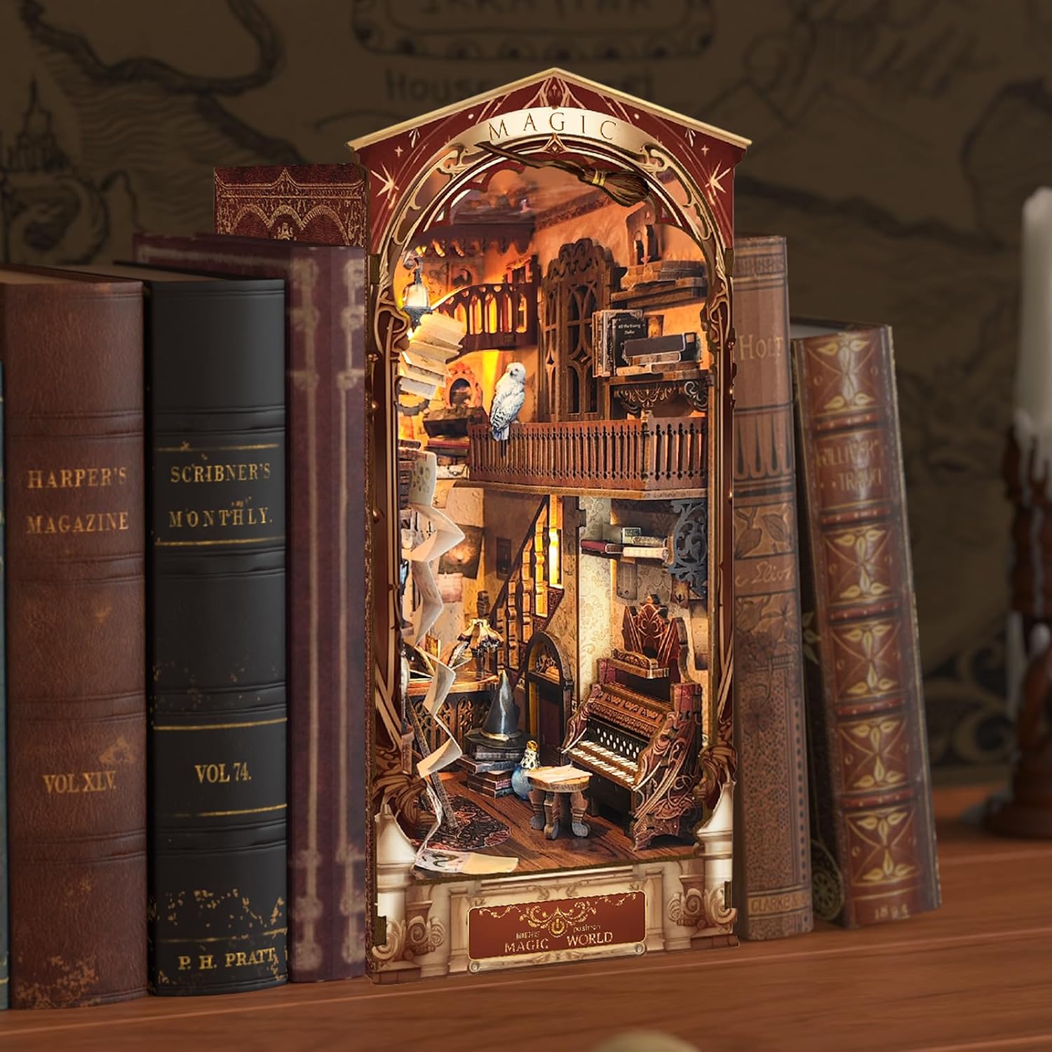 Detalle de RONSTONE Magische Wereld Book Nook Kit – houten 3D-puzzel met ledlicht en stofhoes