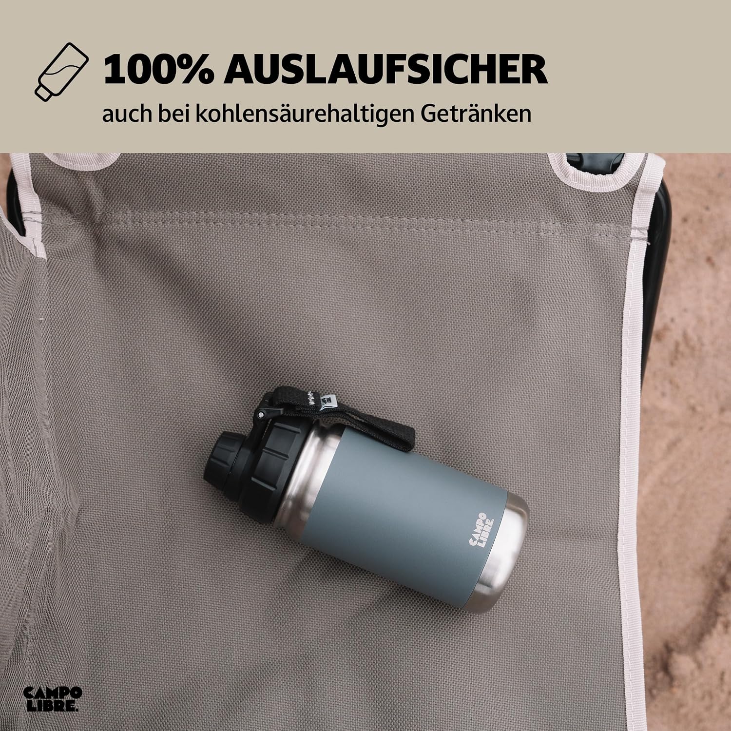 Detalle 2 de Campo Libre. Premium Edelstahl Trinkflasche 400 ml – isolierter Thermobecher, 12h heiß/kalt, auslaufsicher