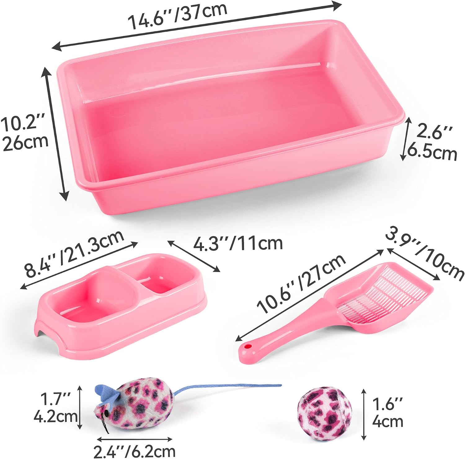Detalle de PAWISE Cat Accessories Set of 4: Litter Tray, Litter Scoop, Bowl and Kitten Toy in Pink