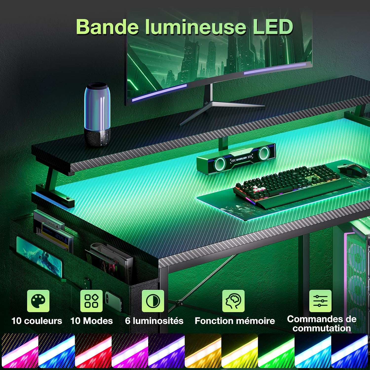 Detalle 2 de Coleshome B01061901005 L-format gamingbord med LED och uttag, 120 × 80 cm