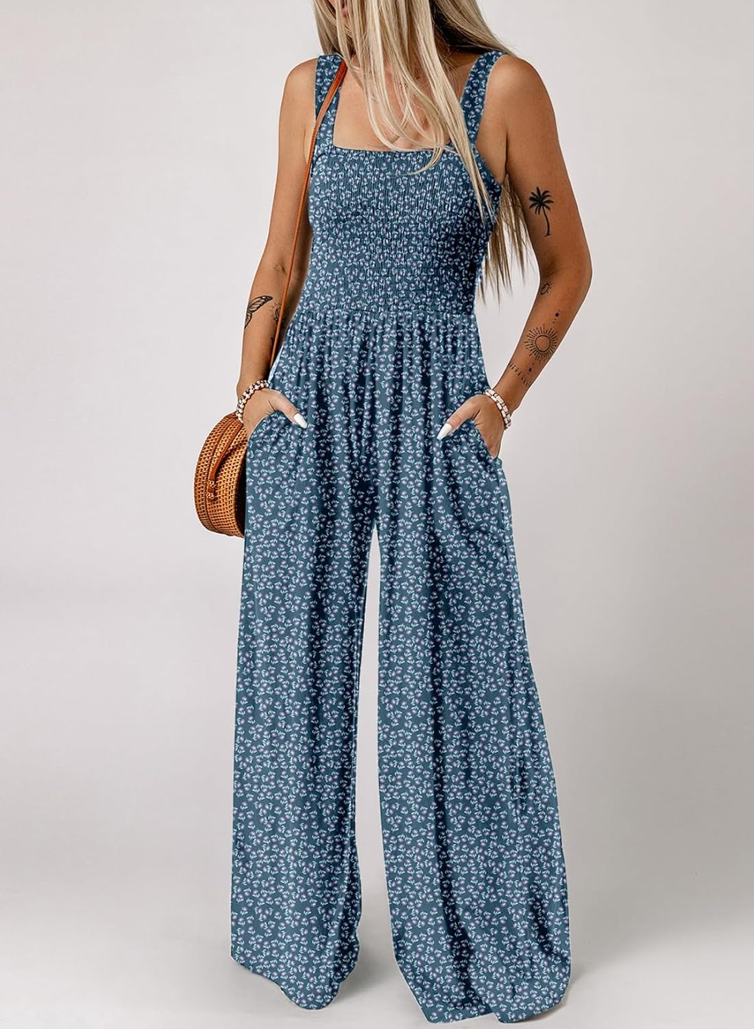Detalle de Dokotoo Damen Jumpsuit Sommer Blumenmuster – Latzhose mit Taschen, Weite Beine, Größen S–2XL