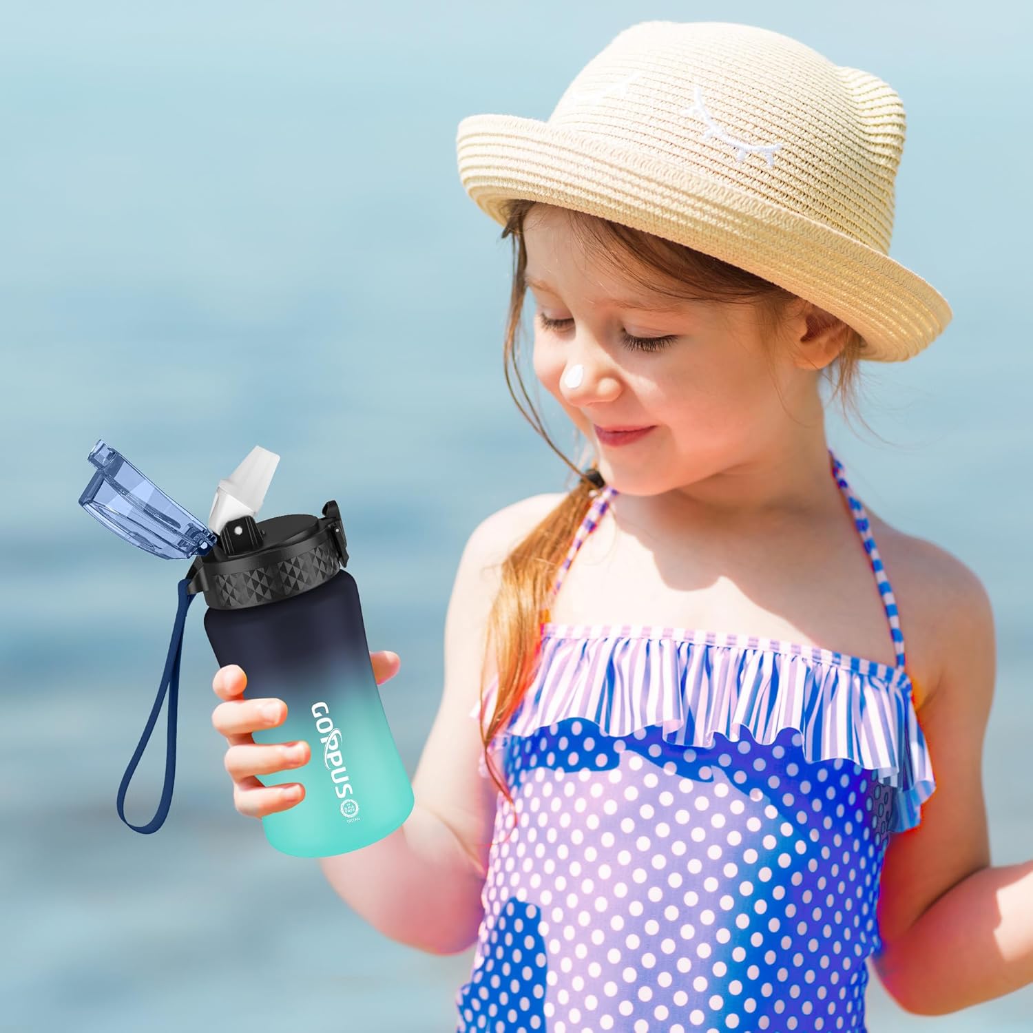 Thumbnail 5 de GOPPUS 350ml Kids Tritan Water Bottle with Straw, Flip Top Lid & Strap (Leakproof, BPA-free)