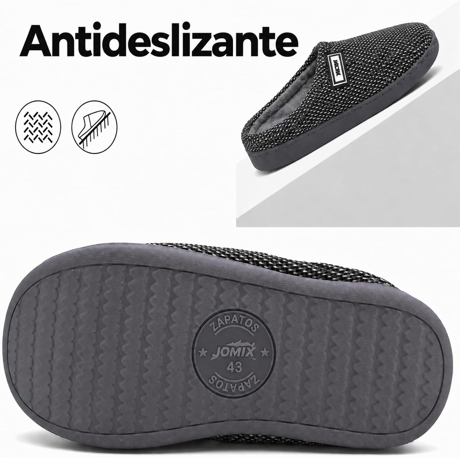 Detalle 1 de JOMIX herenpantoffels voor de winter met bont, pluche en antislip