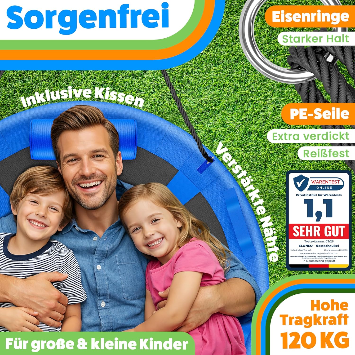Detalle de ELONEO Balançoire nid | balançoire ronde 90 cm, charge 300 kg et kit accessoires – pour intérieur et extérieur