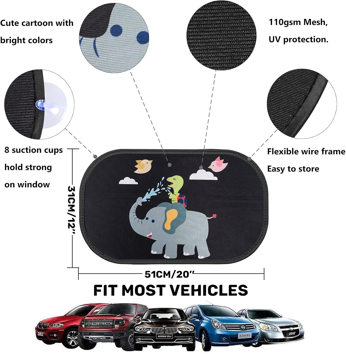 Detalle de iZoeL Parasole Auto per Bambini 2 Pezzi con Design Tartaruga/Elefante/Uccello – Protezione UV e Autoadesivo