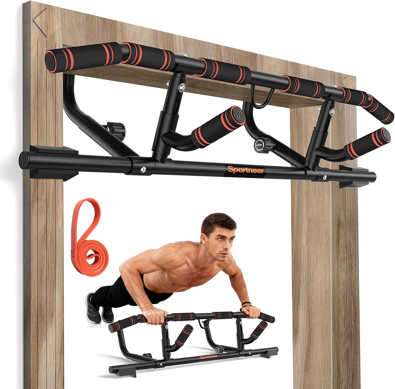Detalle de Sportneer 4-Grip Doorway Pull-Up Bar with Foldable Handles, Alloy Steel